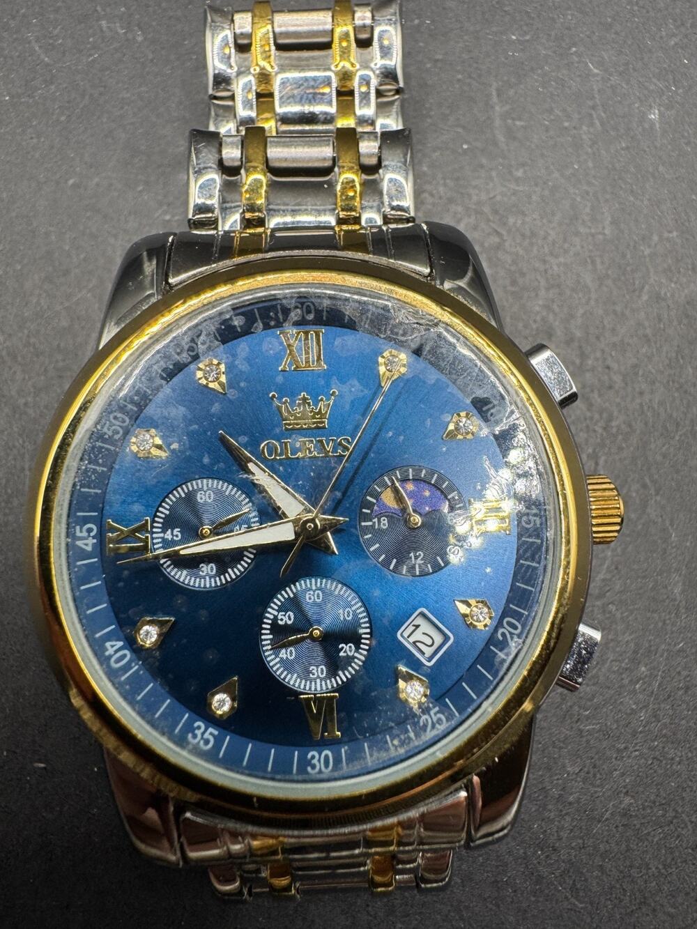 OLEVS Mens Watch Chronograph Business Blue Face Quartz Stainless Steel Working